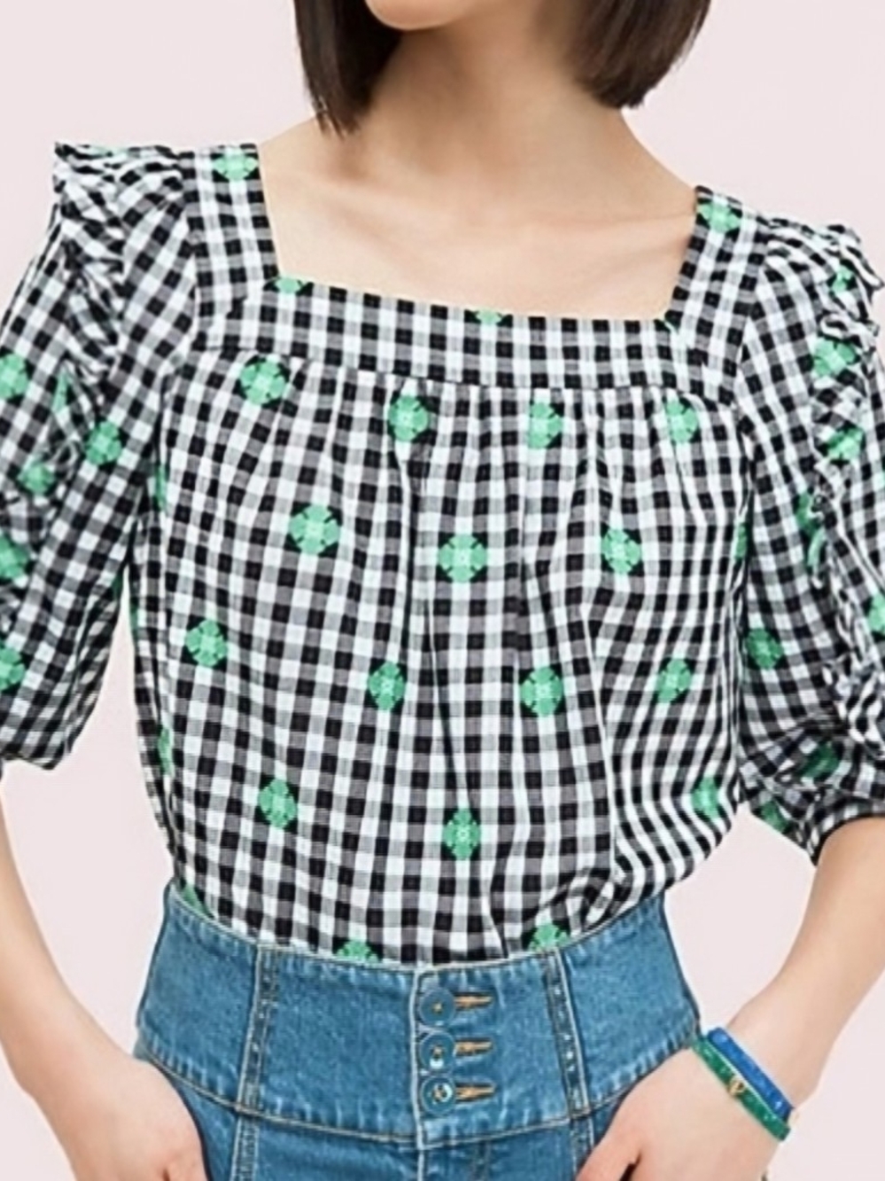 Kate Spade New York Gingham Voile Spade Clover Embroidered Top Black & White